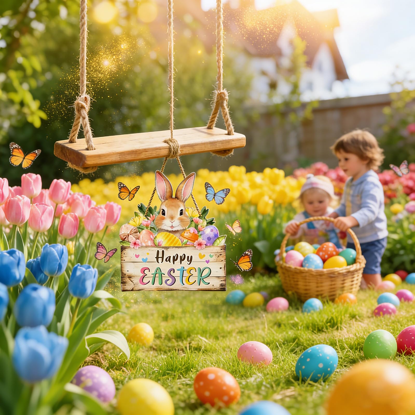 YSUNZIA Easter hanger arrives with pre-strung jute rope for easy hanging.
