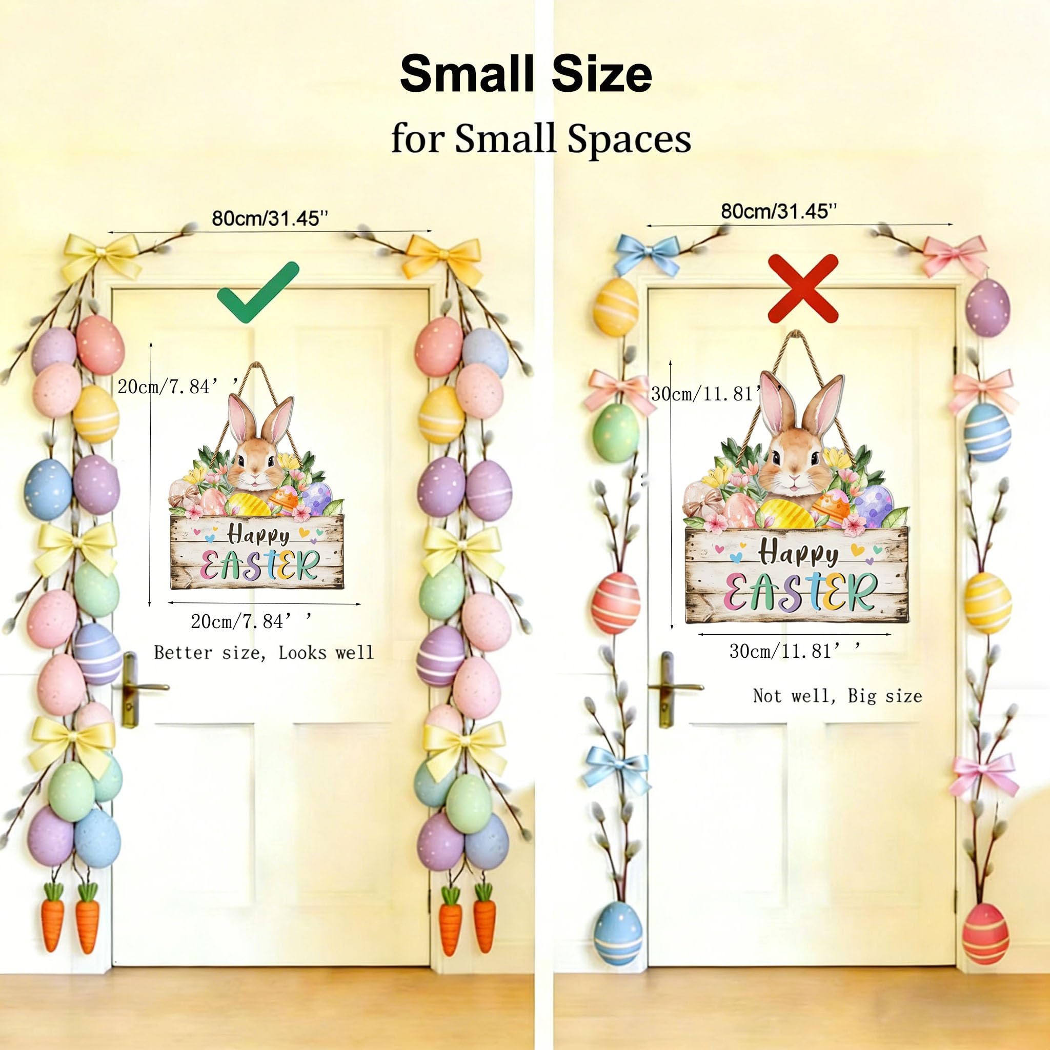 YSUNZIA wooden bunny and spring flowers enhance front door decor.