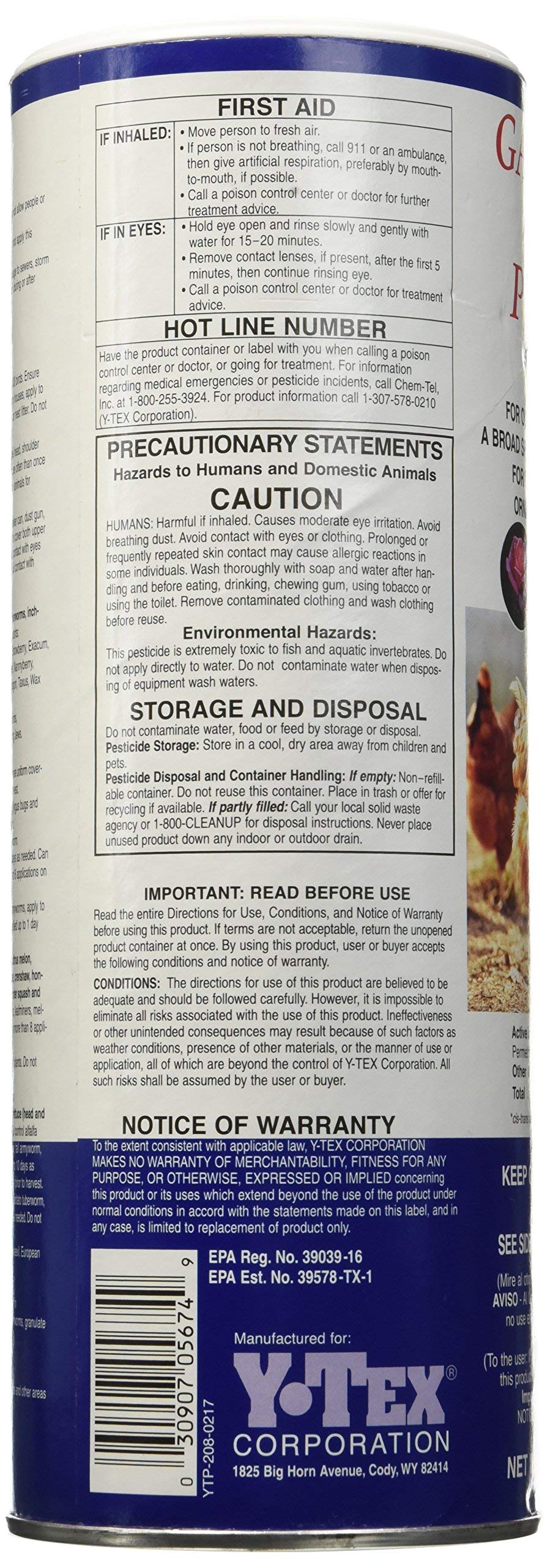 YTEX poultry dust packaging back view showing content and coverage details
