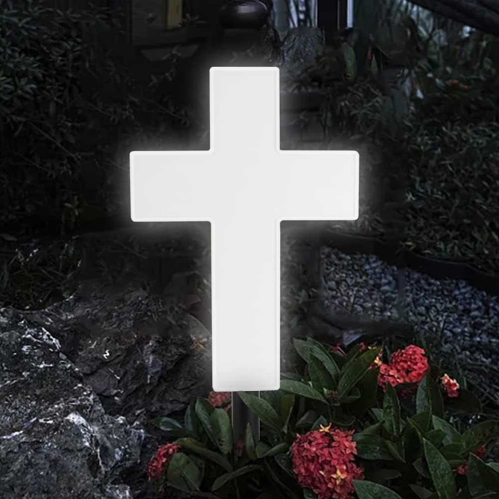 YtotY solar cross lights design glowing at dusk for outdoor memorials.