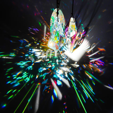 YU FENG prism suncatcher hanging on a garden tree casting colorful light
