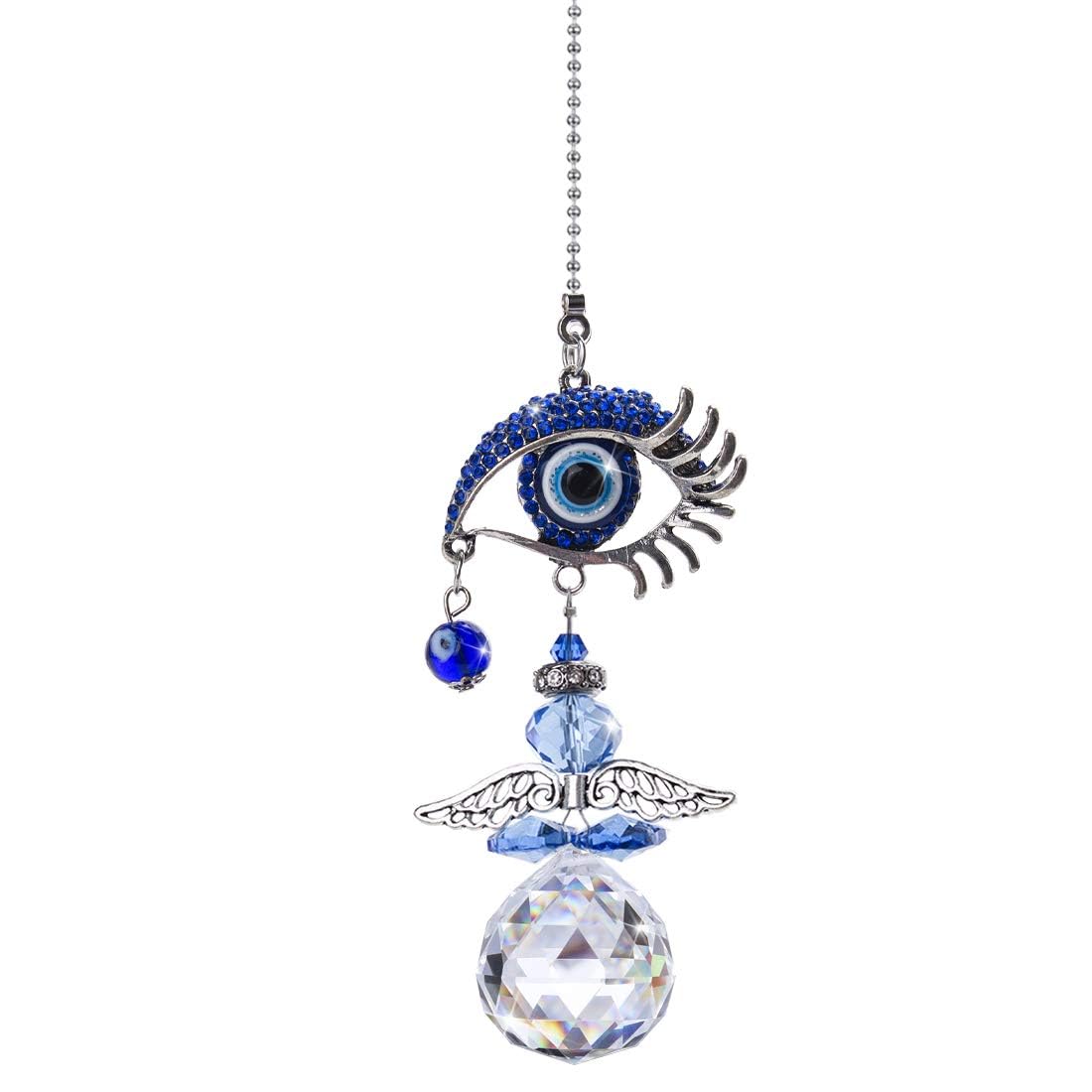 YU FENG blue evil eye crystal suncatcher hanging in a window for protection and brightness.