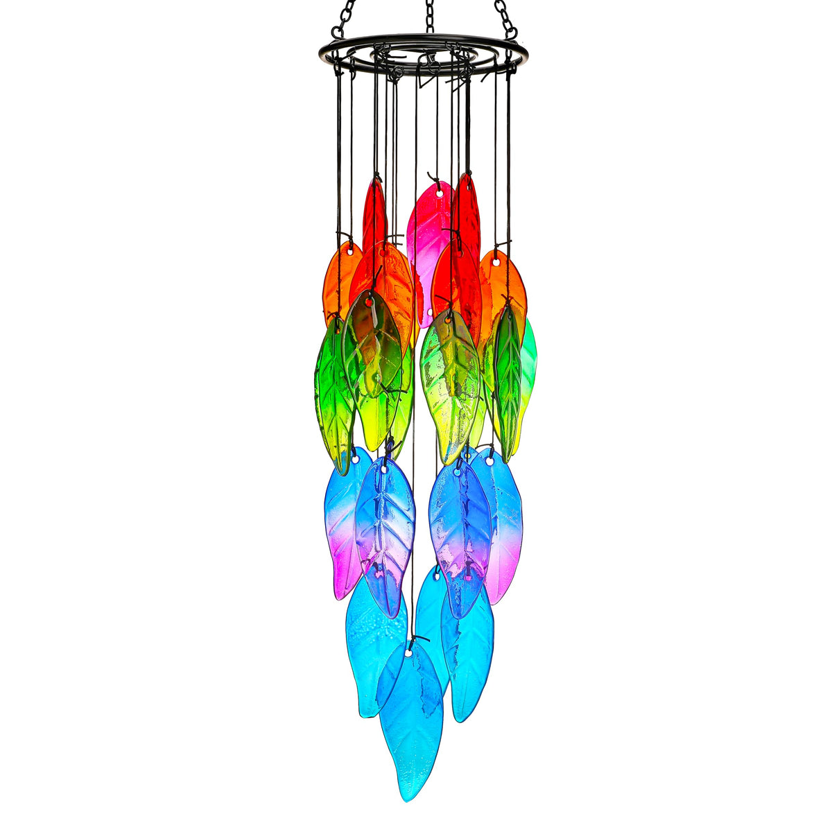 YU FENG stained glass leaves wind chime brightens outdoor decor in sunlight.