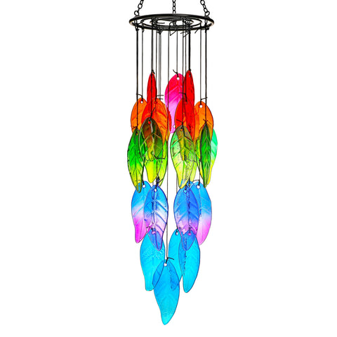 YU FENG stained glass leaves wind chime brightens outdoor decor in sunlight.