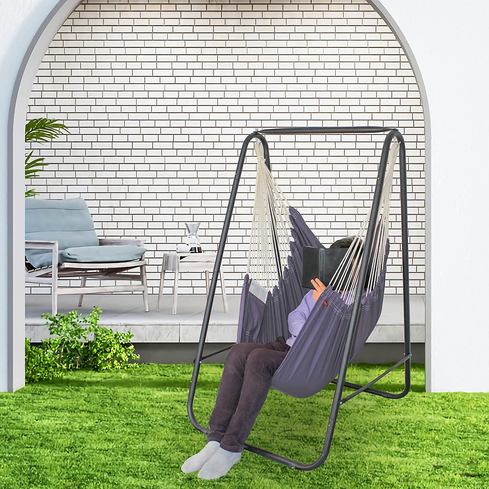 Weather-resistant iron stand endures rain and sun for indoor or outdoor use.