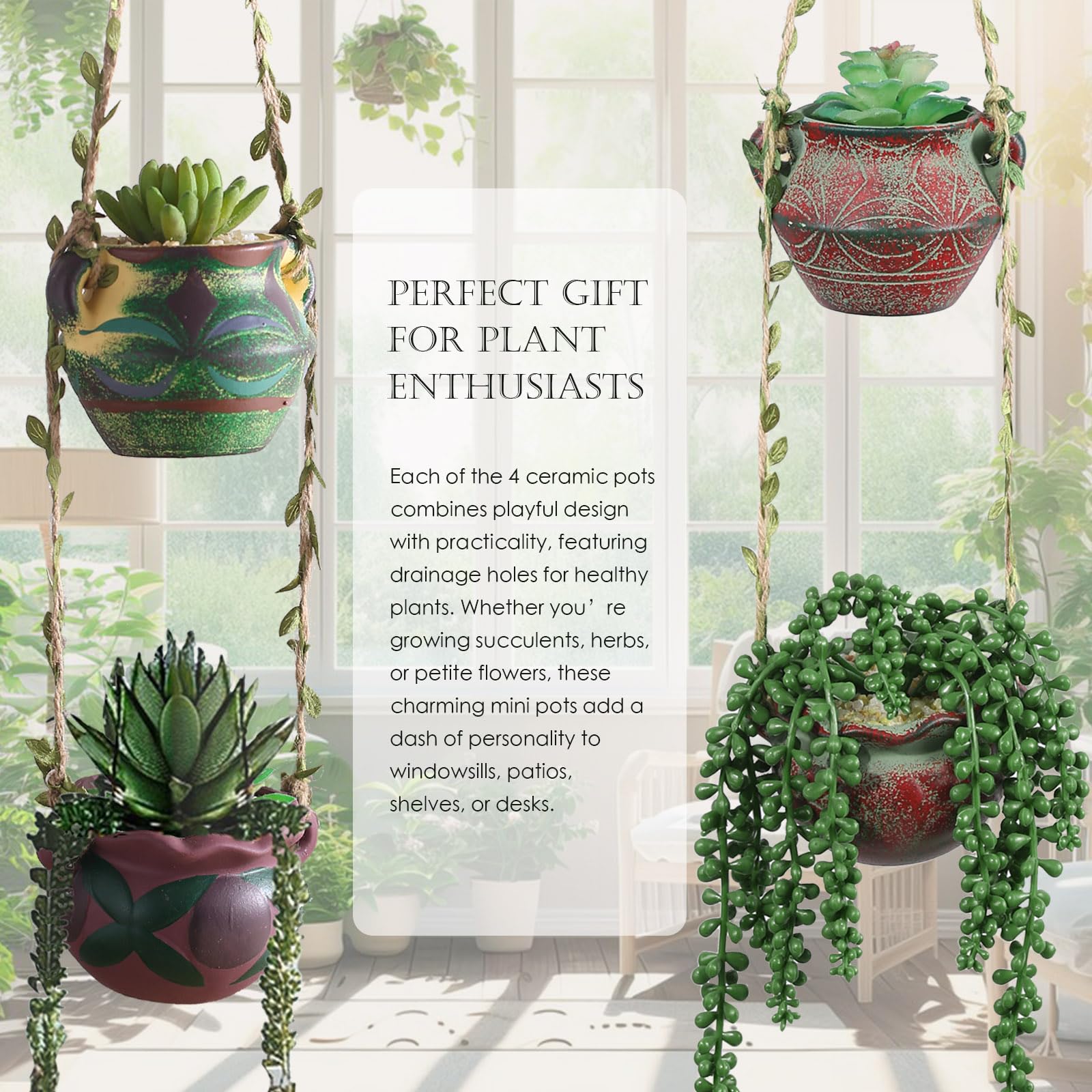 Planters holding succulents and herbs with easy drainage