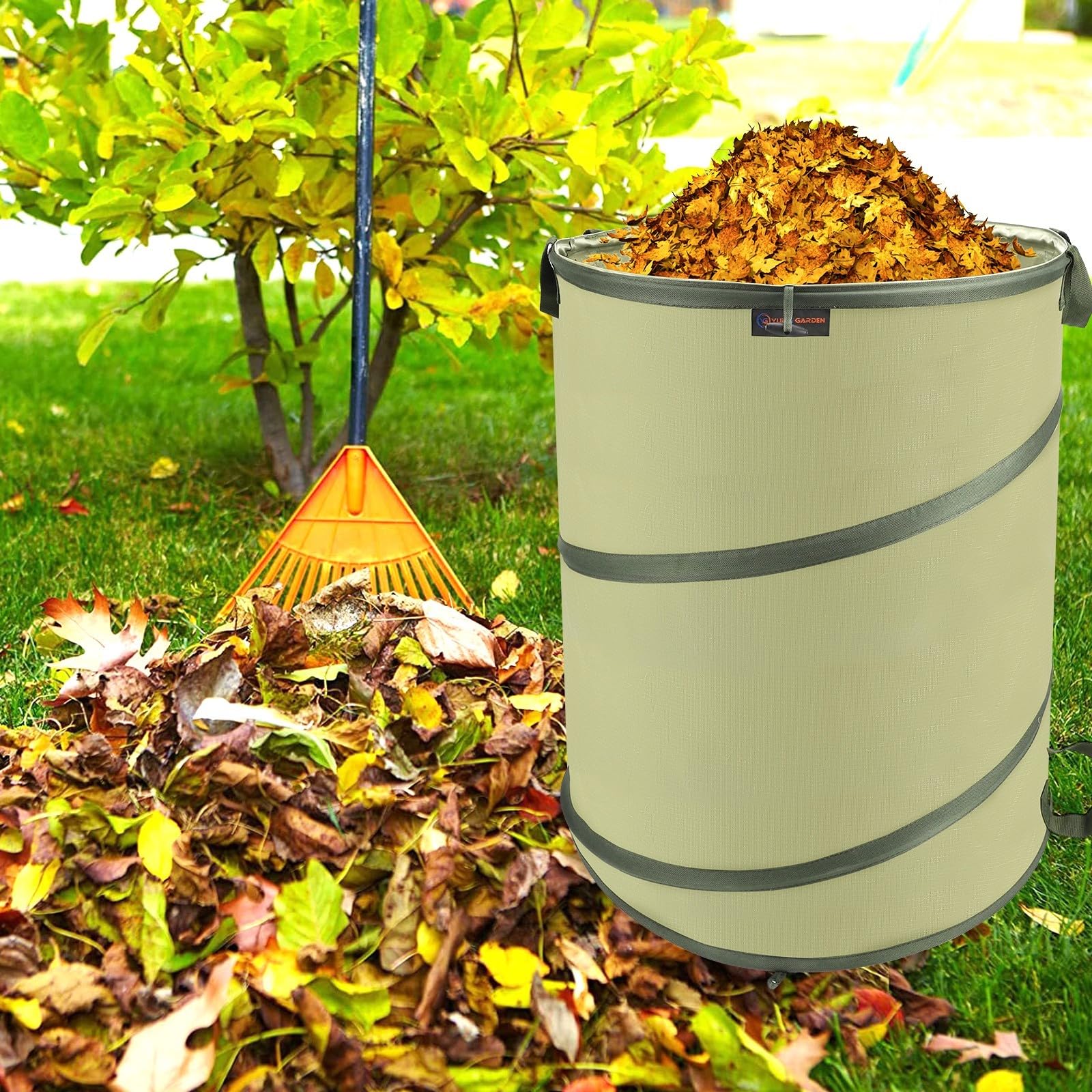YUDI & GARDEN collapsible trash bin for outdoor use with easy filling.