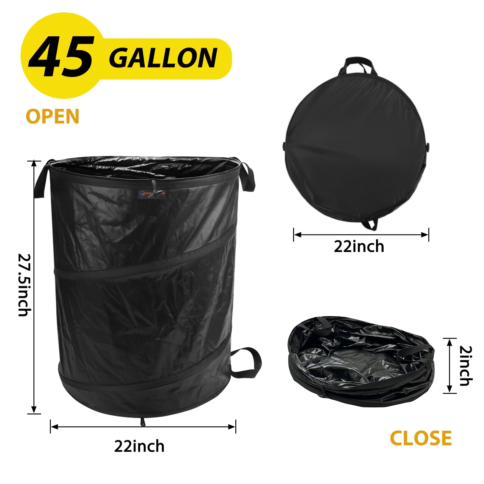YUDI & GARDEN trash can shows a large top opening for quick filling.