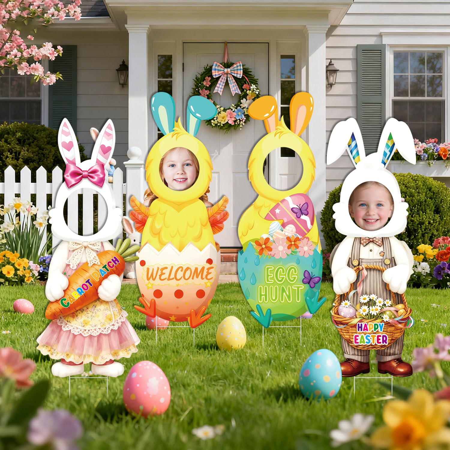 Yudlto Easter yard sign includes sturdy metal stakes for secure lawn setup.