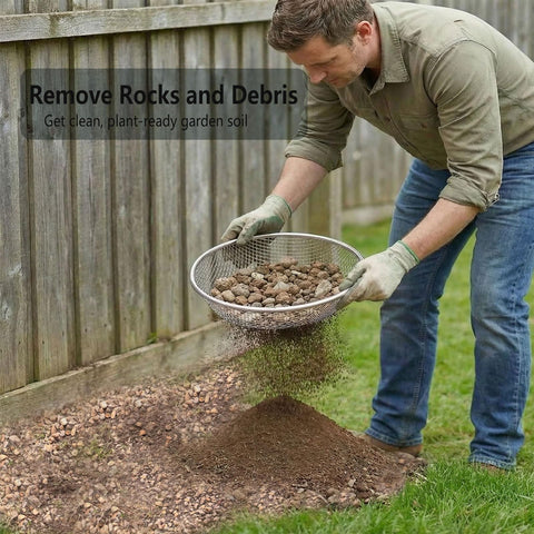 YUEBM sifter on a bucket during use for quick soil prep.