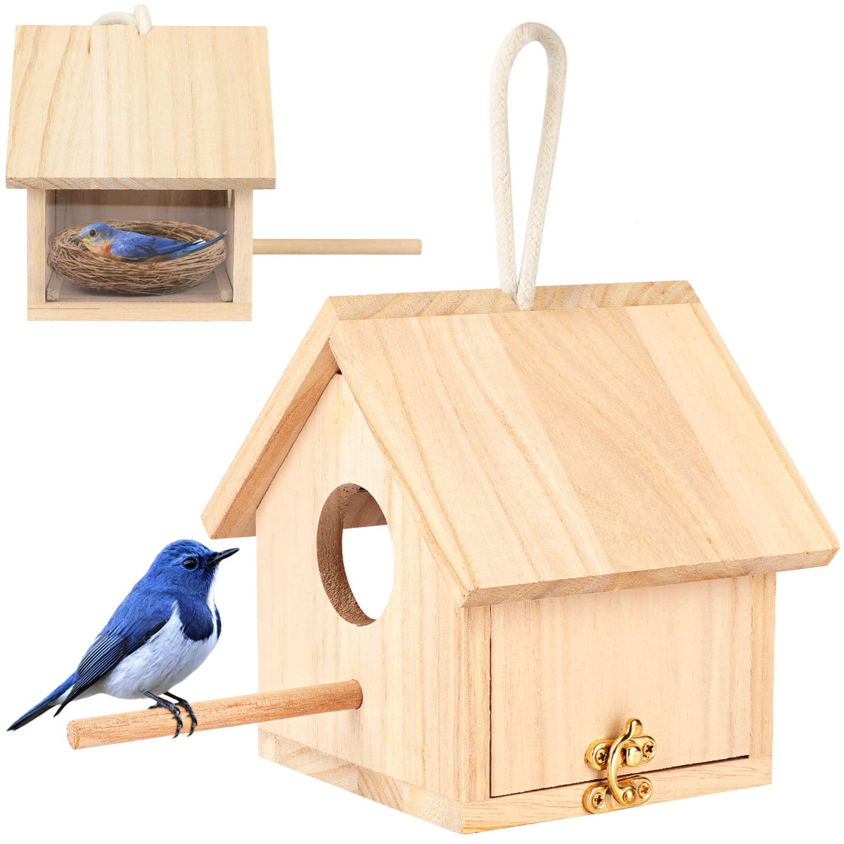 YUEPET wooden outdoor bird house with transparent side for easy garden viewing.