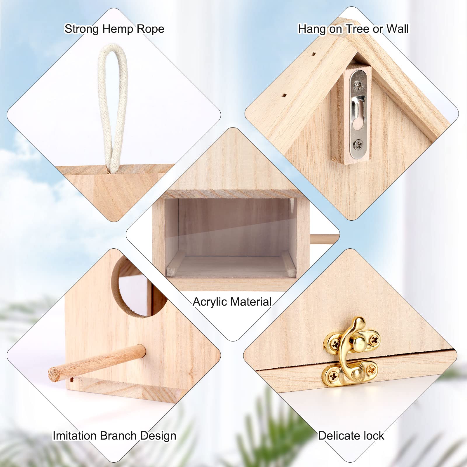 YUEPET bird house with acrylic panel offers weather-resilient viewing from indoors.