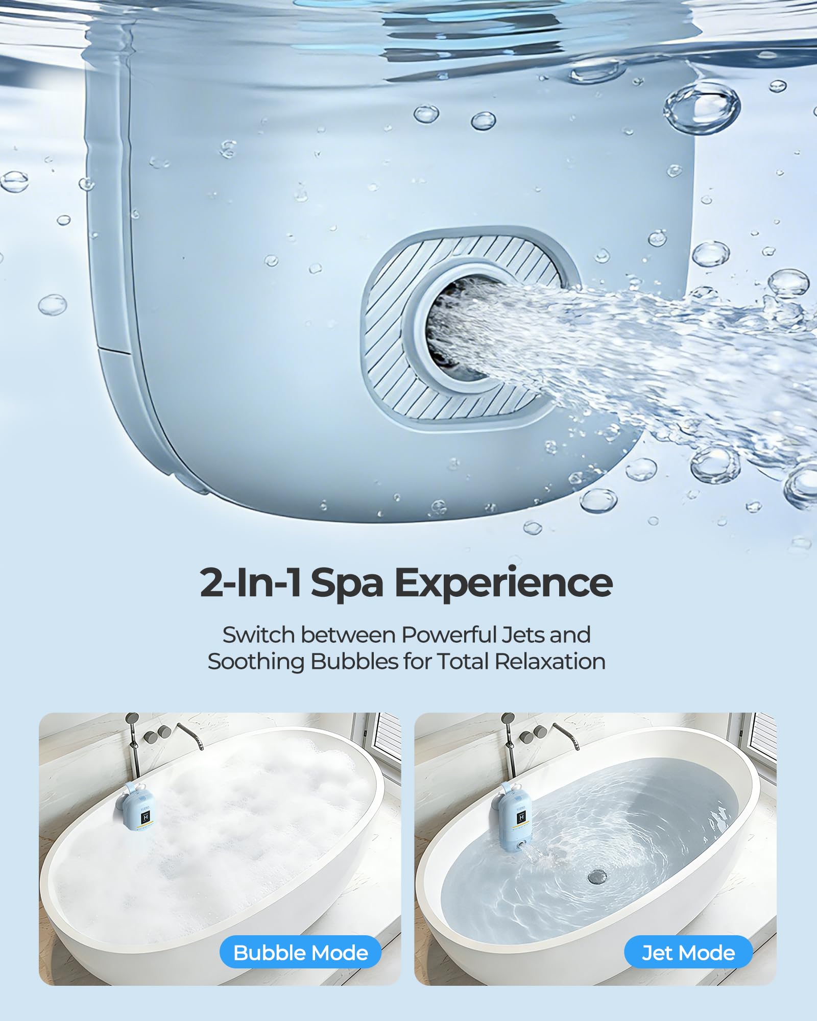 YUERO Bath Jets cordless IP67 design allows safe, wireless operation.