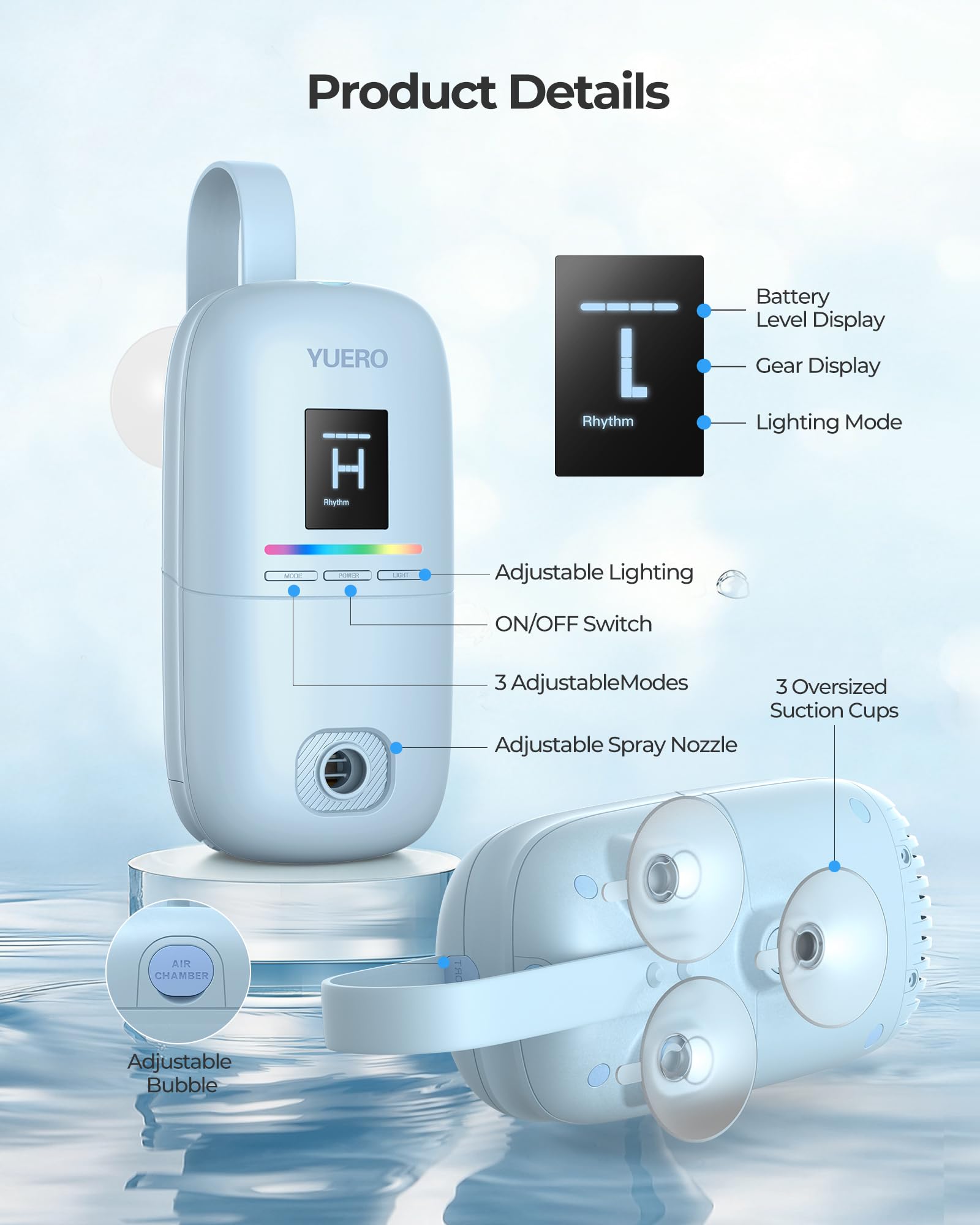 YUERO Bath Jets flow mode with three speeds for customizable massage intensity.
