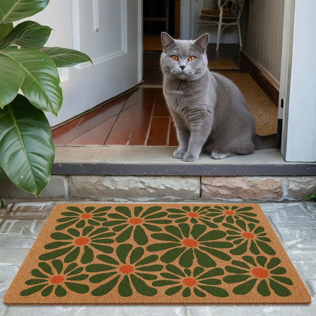 yueyaer door mat closeup of green flower pattern highlights durable faux coir texture.