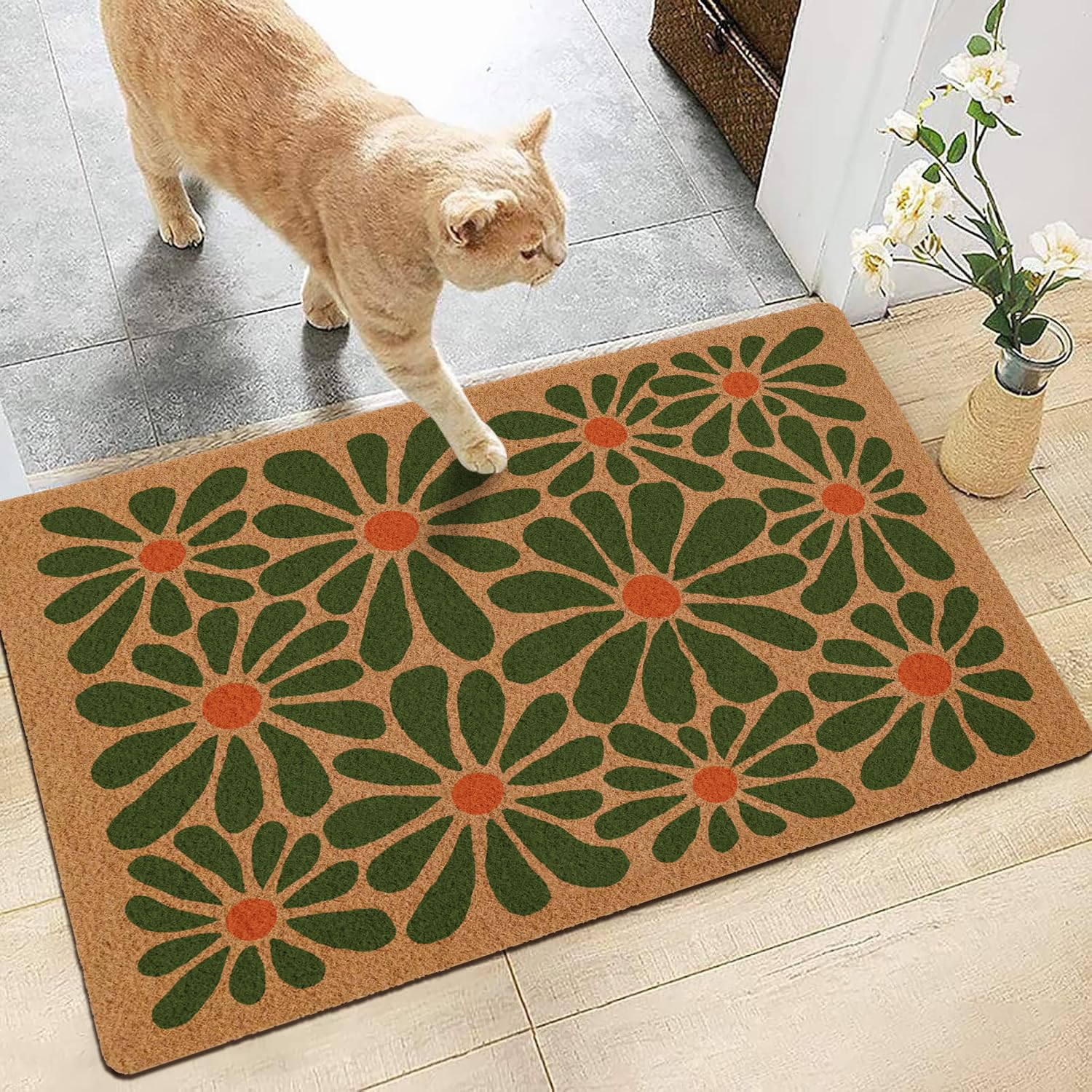 yueyaer green floral mat in entryway keeps floors tidy and welcoming.