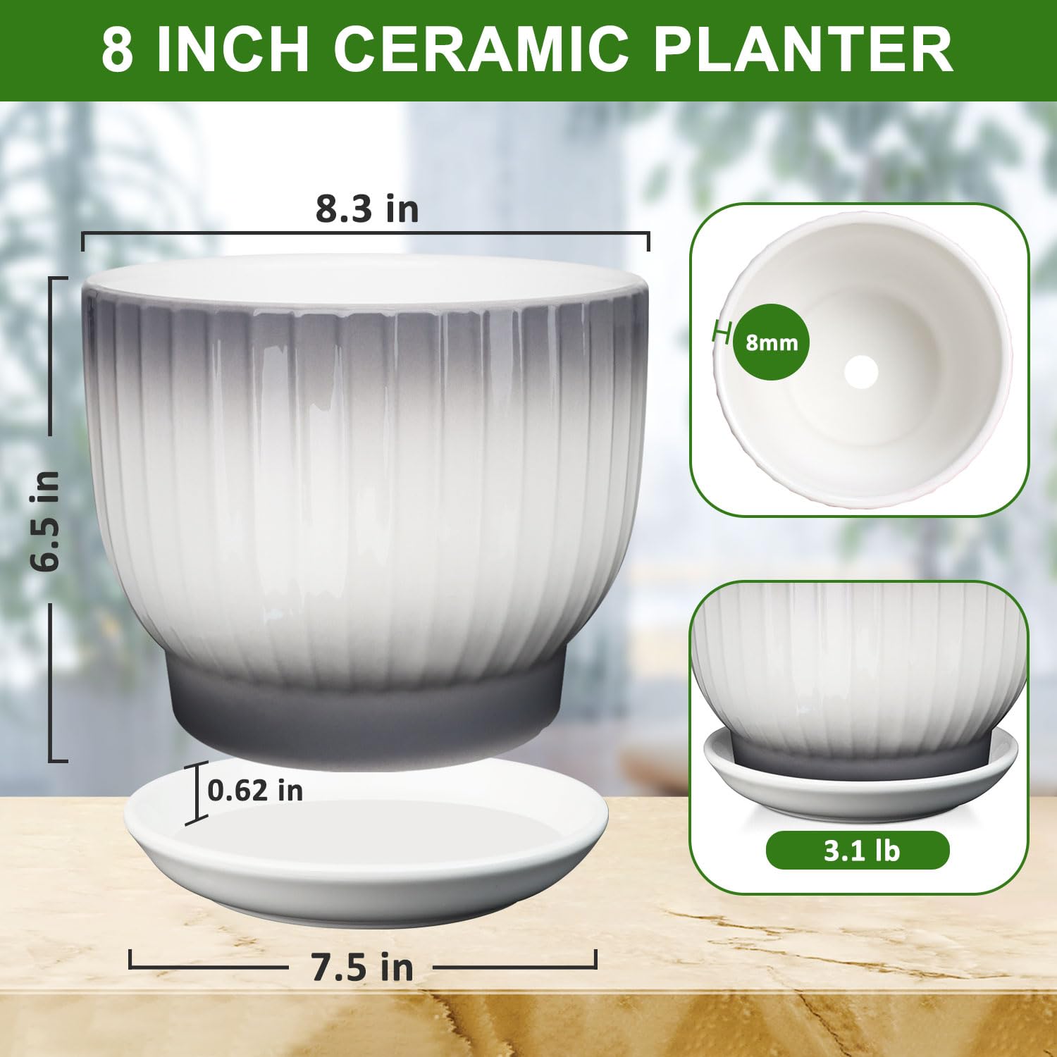 YUFDA ceramic planter with drainage holes and saucer for stability.