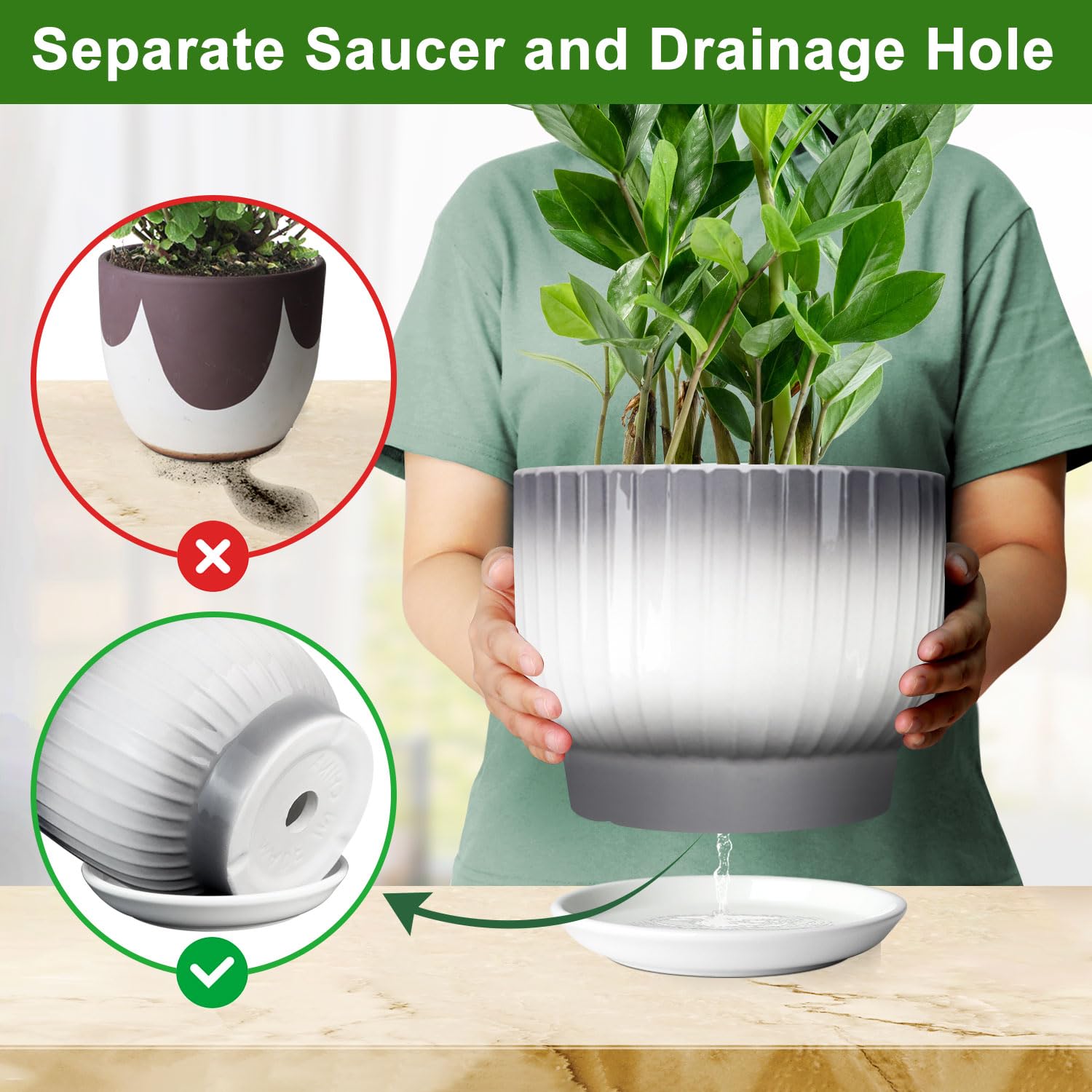 YUFDA gray-white ceramic pot complements contemporary living spaces.