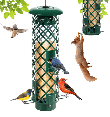 YUGYUM squirrel-proof feeder outdoors blocks squirrels while feeding cardinals.