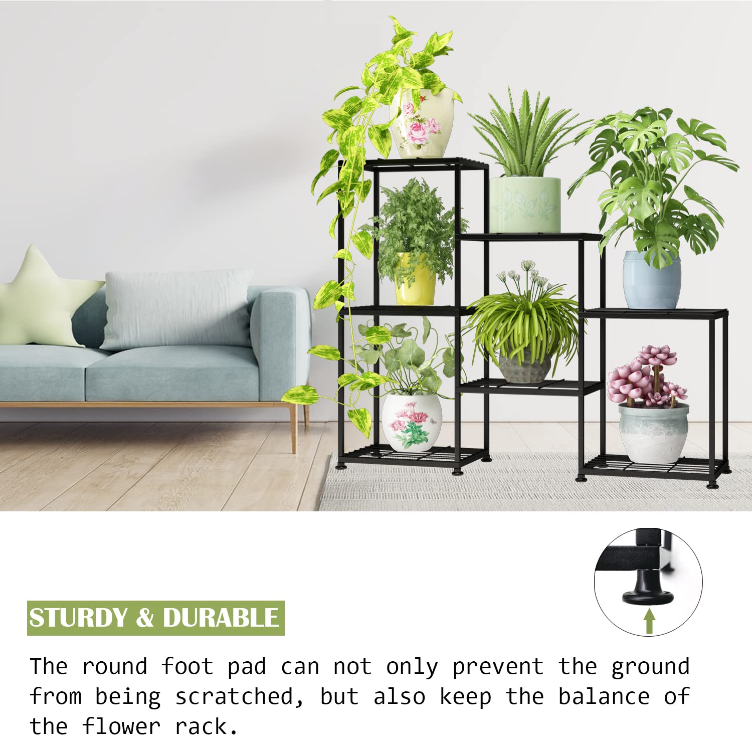YUJCHMTZN holds 8-inch pots across shelves for versatile plant arrangements.