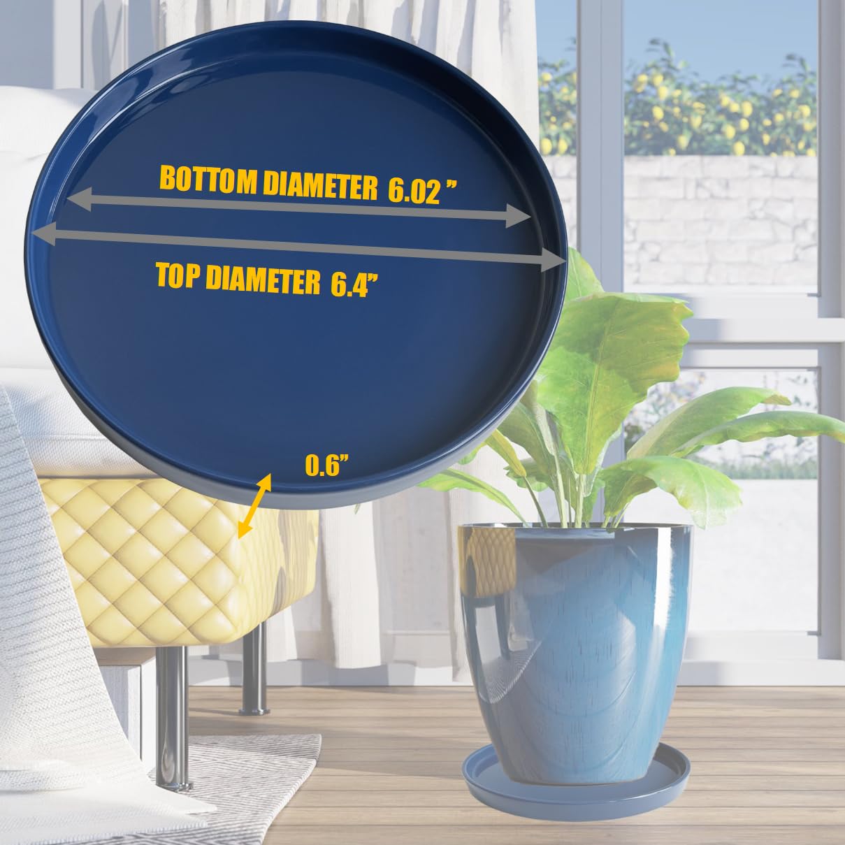 Yukfona blue saucer side view shows sturdy base for indoor and outdoor pots.