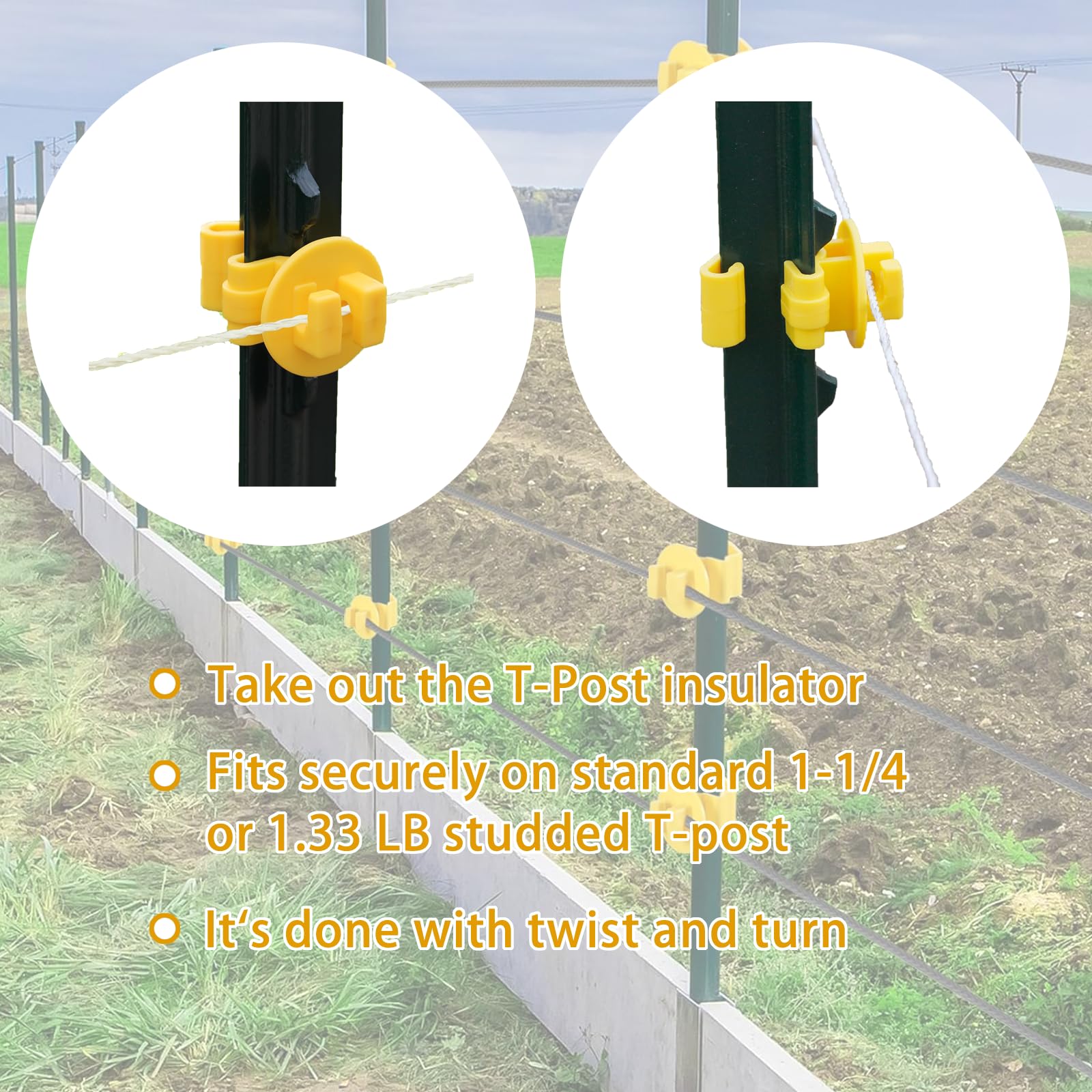 Yukibefo T Post Insulators fit standard 1-1/4 and 1.33 inch posts for easy use