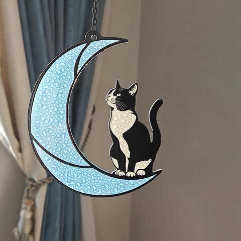 YULAIKUAI tuxedo cat on crescent blue moon silhouette for memorial spaces