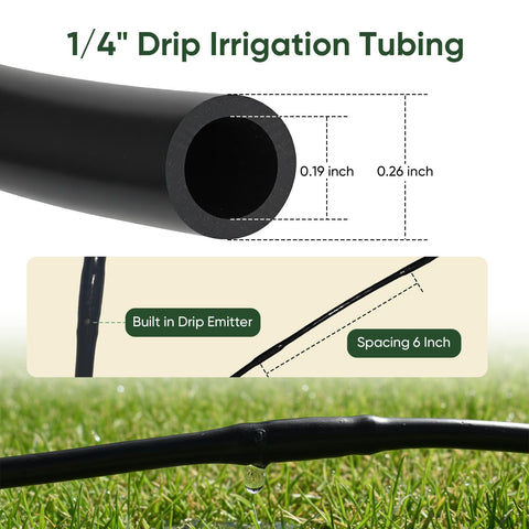 Yulaiyoen 1/4 inch tubing with 6 inch emitter spacing for steady soil moisture