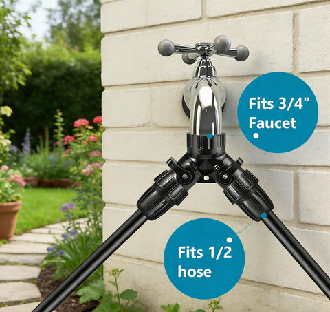 Yulaiyoen garden watering setup demonstrates integrated faucet-to-tubing and hose options.