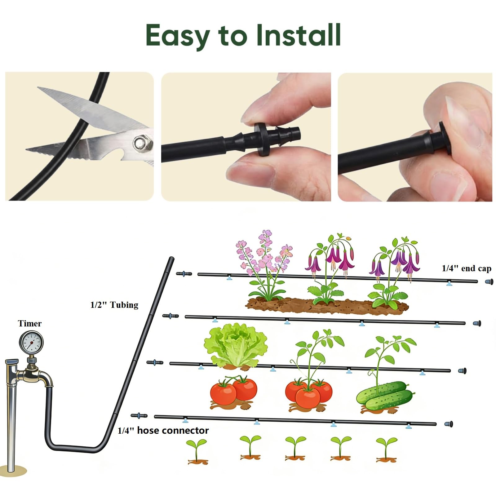 Yulaiyoen irrigation tubing installation along plant rows for easy setup