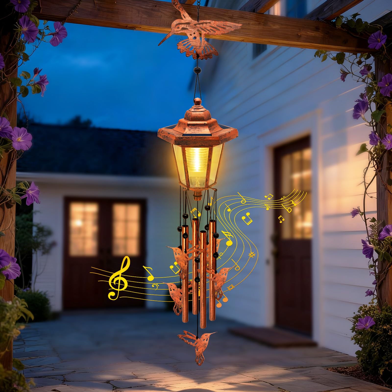 yulloyello easy-to-hang design combines wind chime music and solar glow