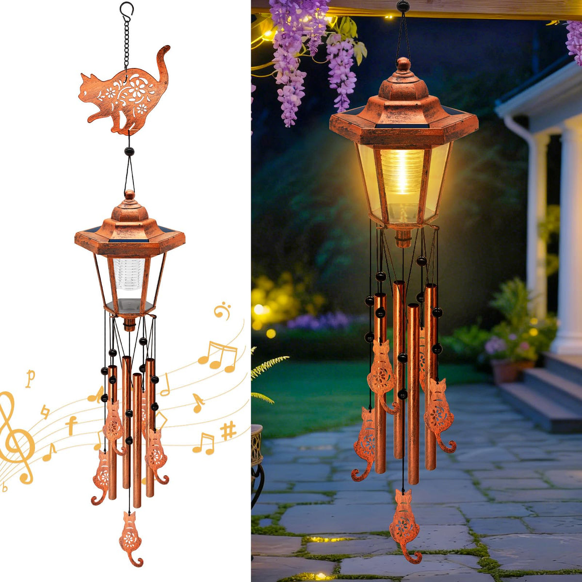 yulloyello large solar cat wind chime with wind catcher enhances outdoor ambiance at dusk