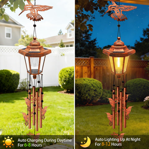 yulloyello solar-powered chime lights up at night for a tranquil patio
