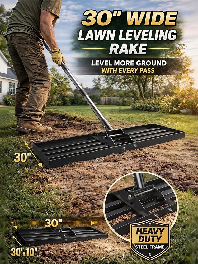 Yumatum 72-inch handle lawn leveler offering ergonomic grip to reduce strain.