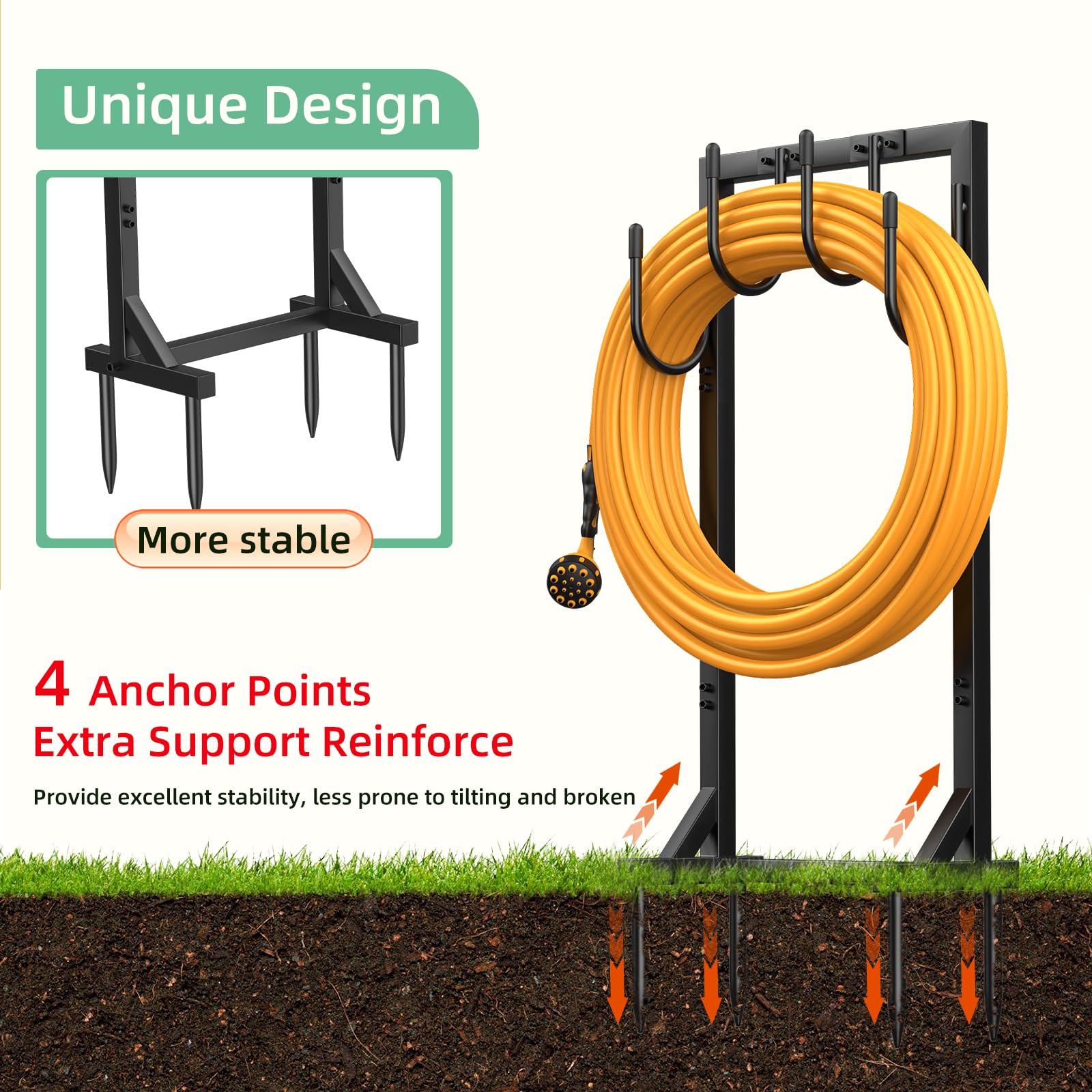 Four large hooks maximize storage and keep hoses organized after use.