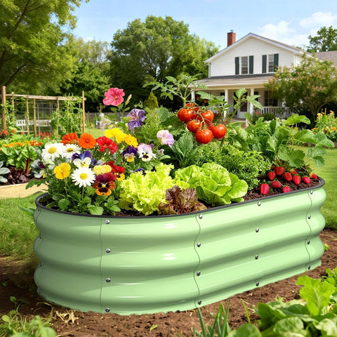 Yumatum raised bed ready for vegetables demonstrates organized planting and easy watering.