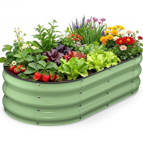 Yumatum raised garden bed front view shows sturdy galvanized panels ideal for beginner gardeners.