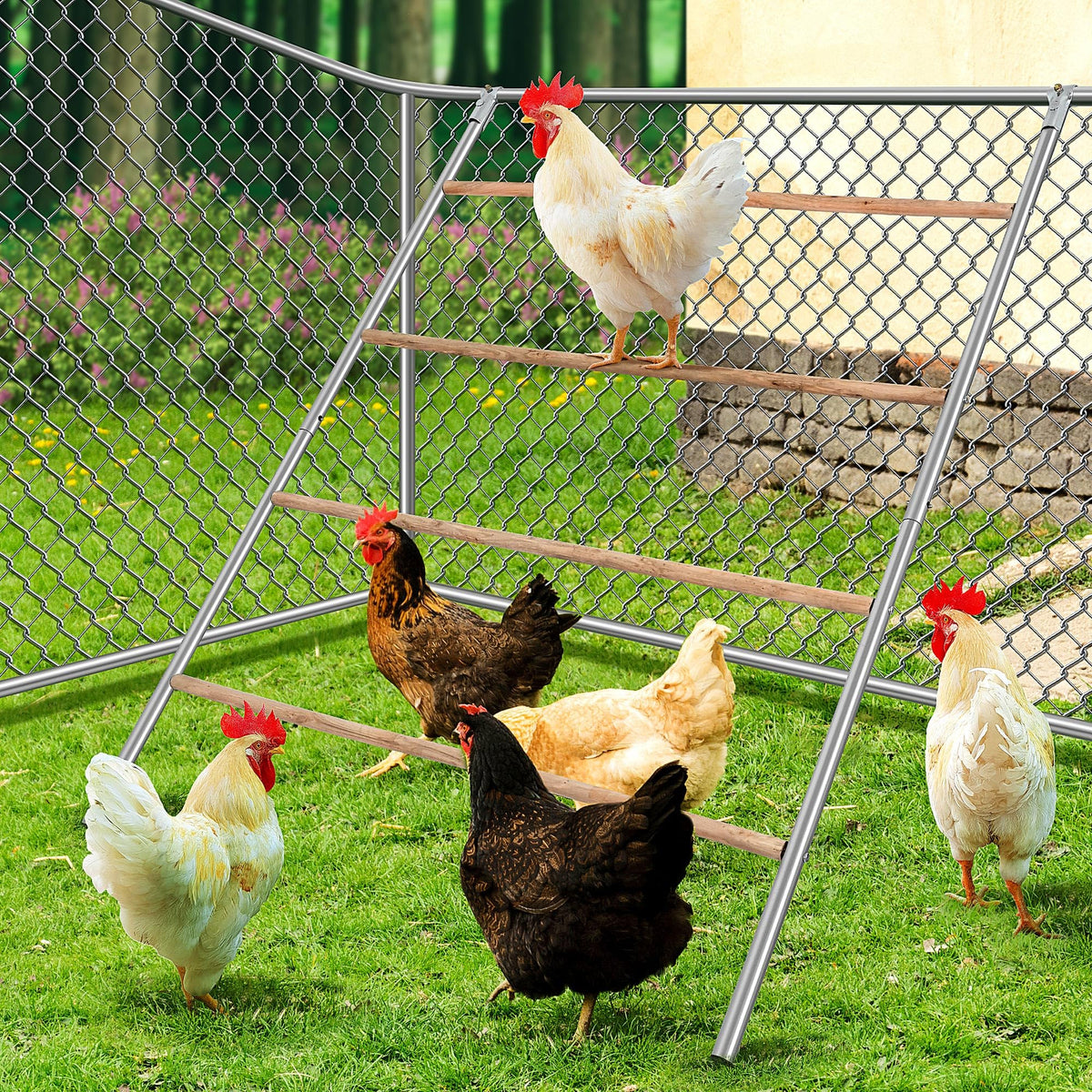 YUMEKA chicken roosting ladder front view highlights sturdy galvanized pipes for lasting coop use.