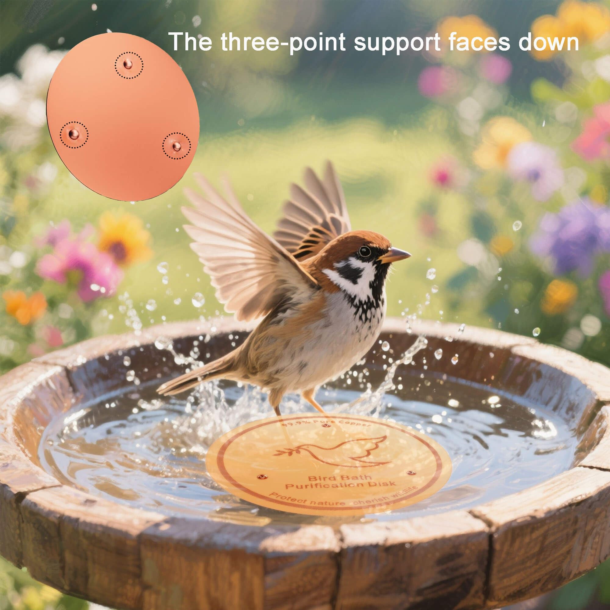 YUMEWARM purification disk installed in a birdbath demonstrates self-cleaning action