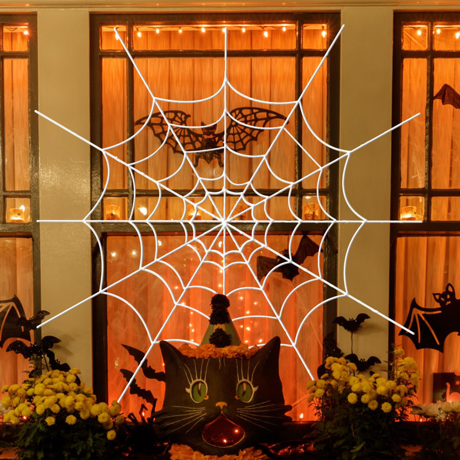 YUNAI Spider Webs 5ft outdoor prop creates a dramatic Halloween backdrop for outdoor scenes.