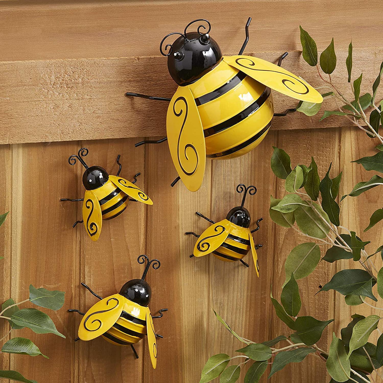 Yungeln Bumble Bee wall art set of four enhances outdoor walls.