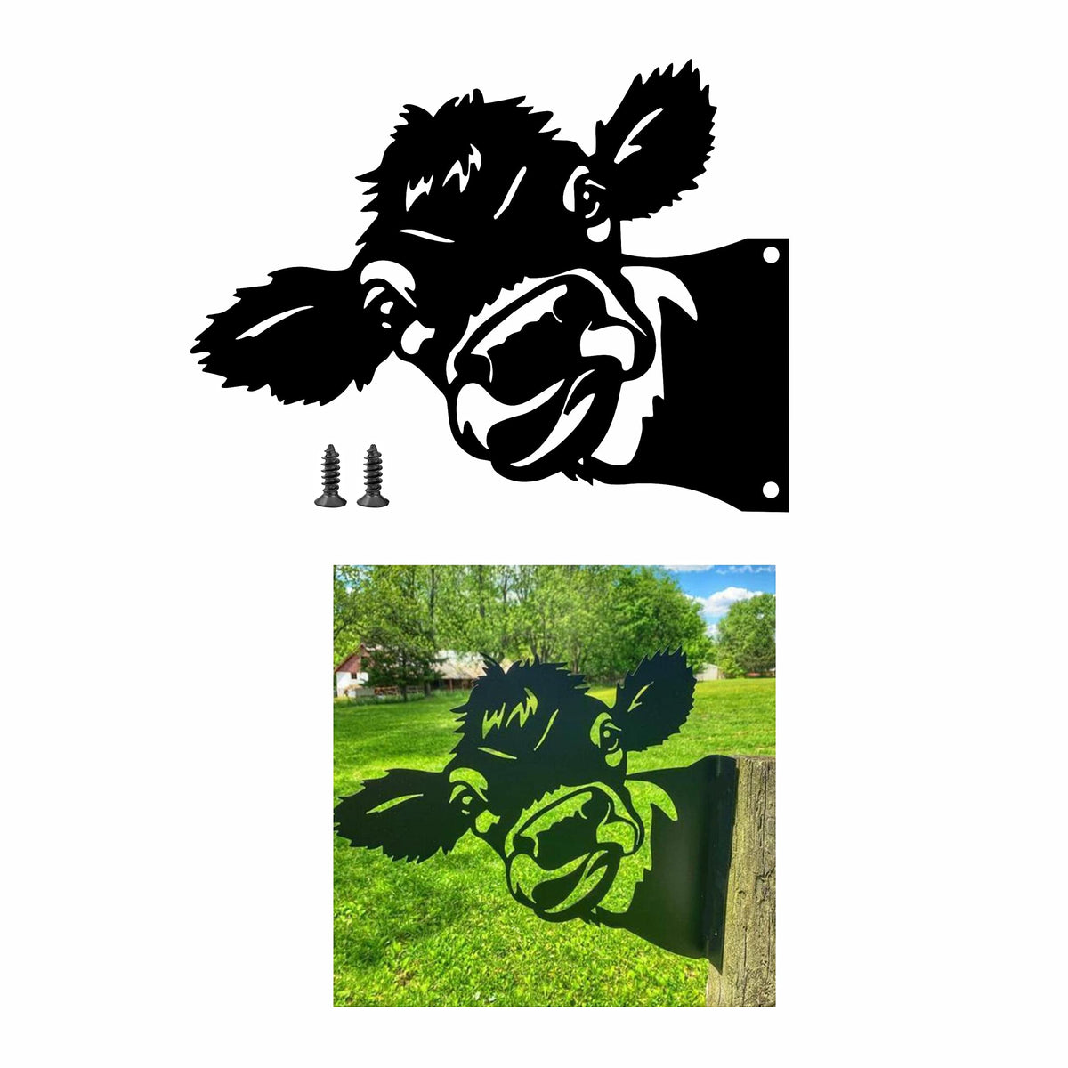 Yungeln Peeping Cow metal art stake enhances outdoor garden spaces.