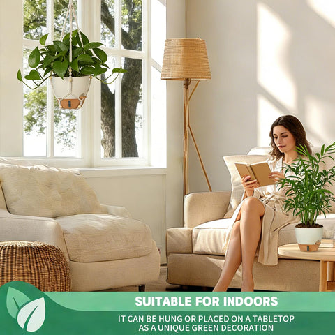 YUNLINGAA white 10-inch hanging pot with rack enhances indoor decor.