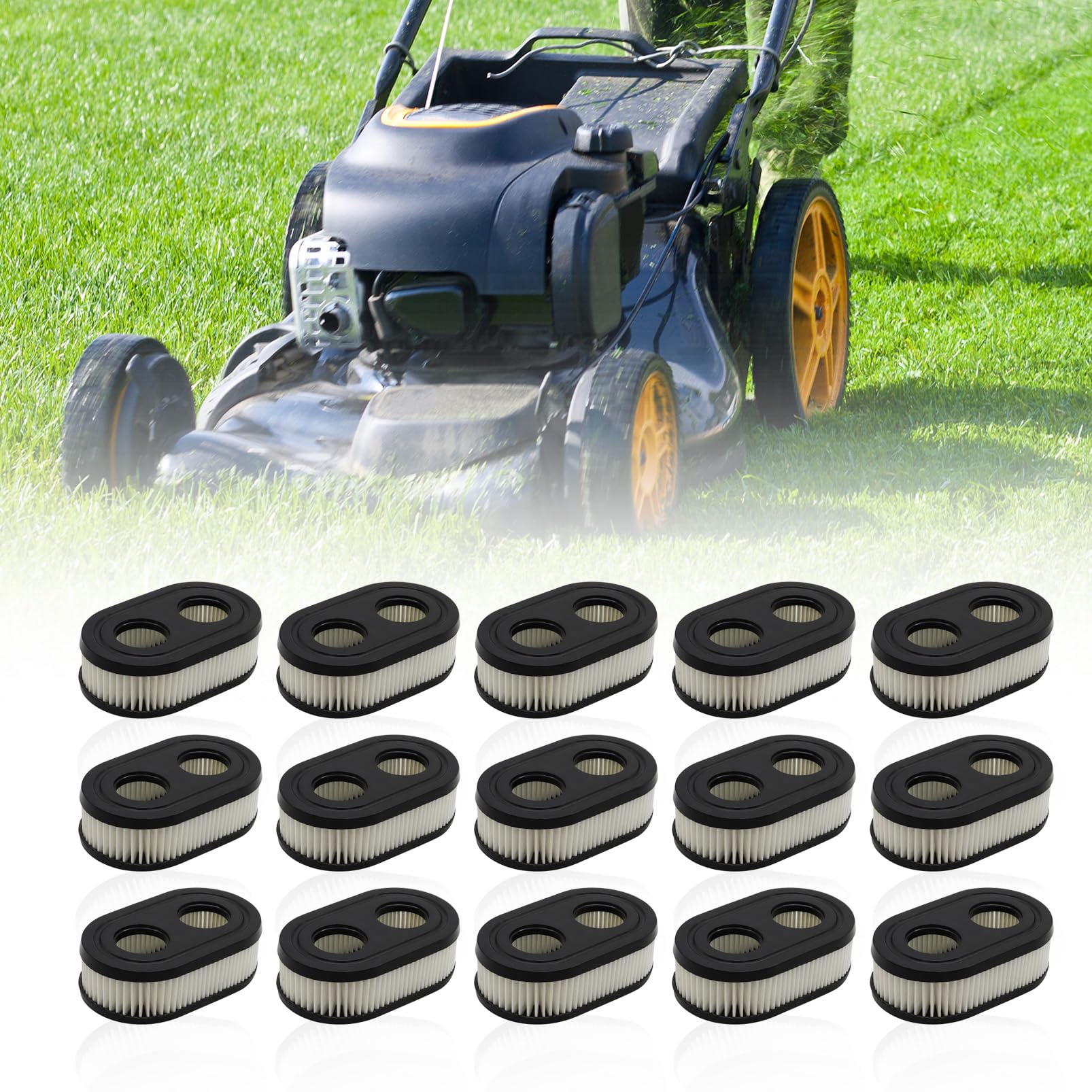 Yunnergo 15-pack 593260 air filters in packaging for easy lawn mower replacements.