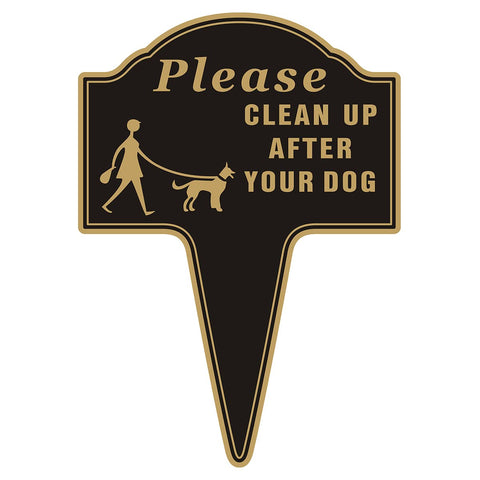 Yuntarda clean up after your dog sign front view on lawn with clear no-poop message
