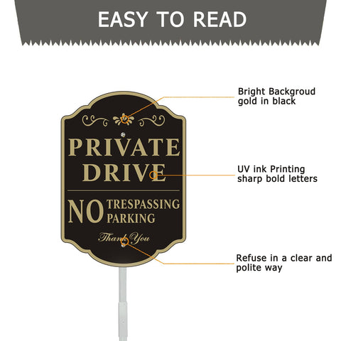 Yuntarda private drive sign close-up showing reflective coating that glows
