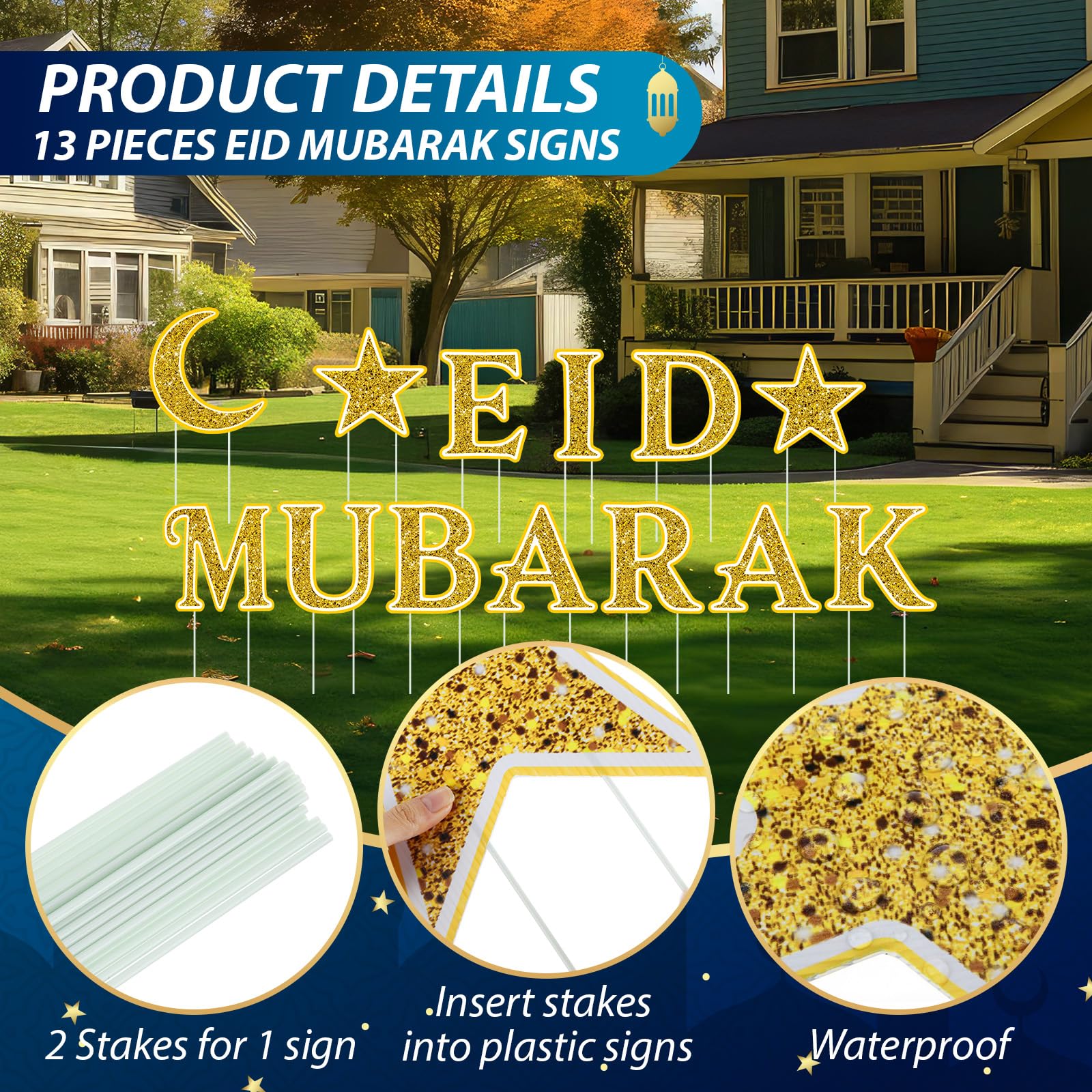 Glitter gold Ramadan decor enhances curb appeal with sparkle.