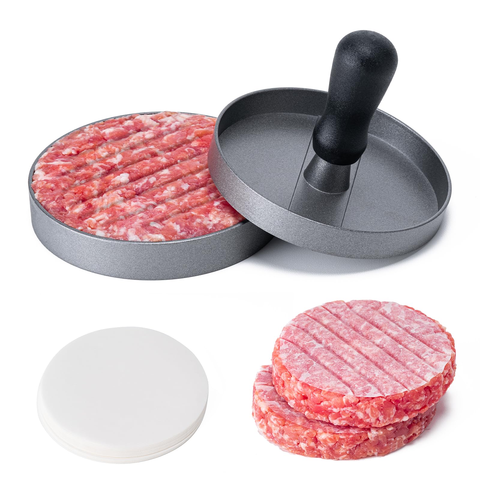 Yunzt burger press set with 100 patty papers for quick, uniform patties.