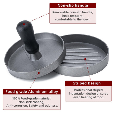 Yunzt non-stick patty maker with heavy-duty aluminum for easy release.
