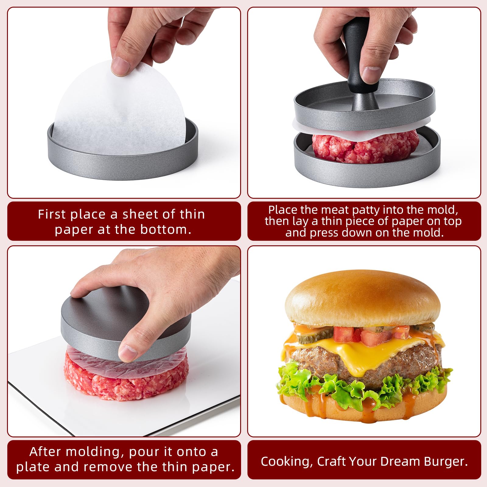 Yunzt patty papers pack enables clean, mess-free patty formation.